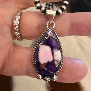 ❤️ Purple White Dahlia Kingman Turquoise Sterling 925 Statement Pendant Unisex